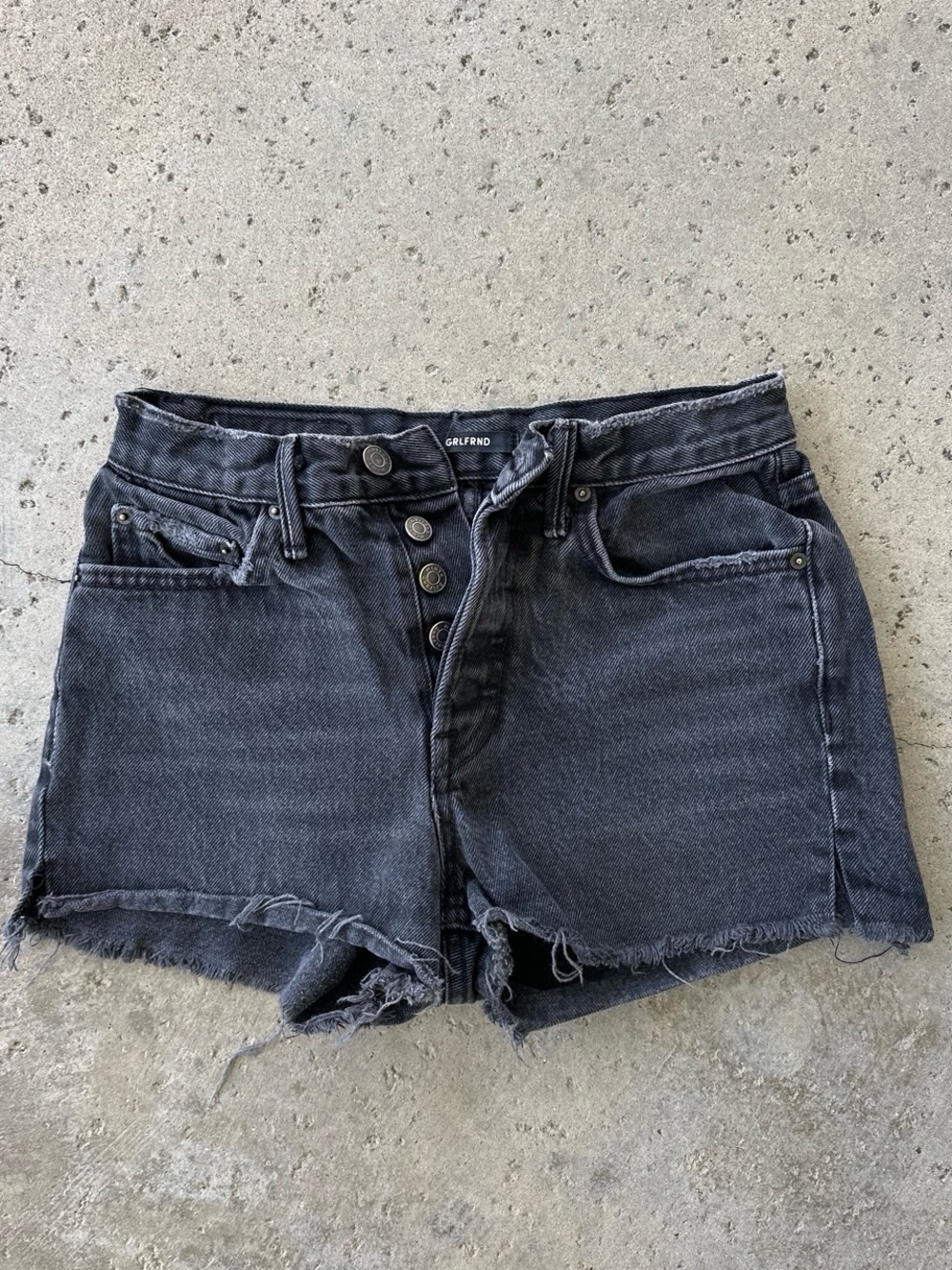 GRLFRND Washed Black High-Rise Distressed Jean Shorts